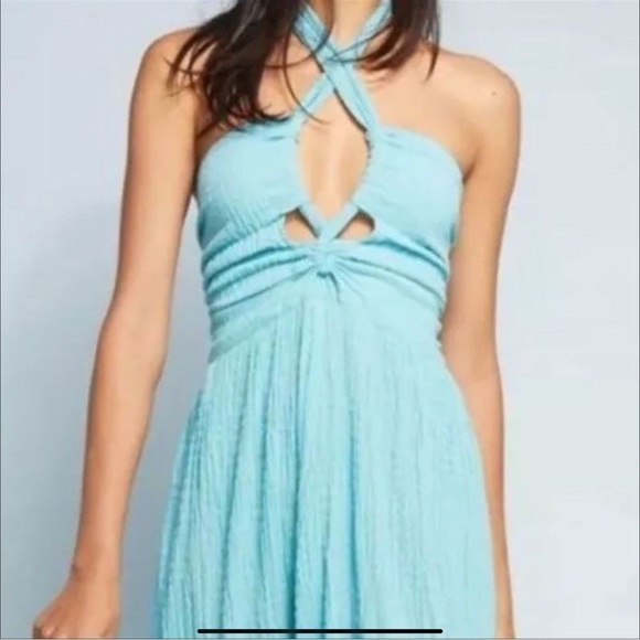 Mara Hoffman Swim Annika Searsucker Halter Tie Cutout Blue Smocked S Dress - Picture 10 of 16